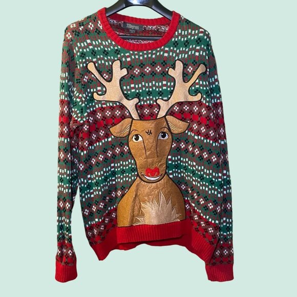 33Degrees Other - Ugly Christmas Sweater Reindeer Adults Lg Cotton Green/Red Festive Design Pocket